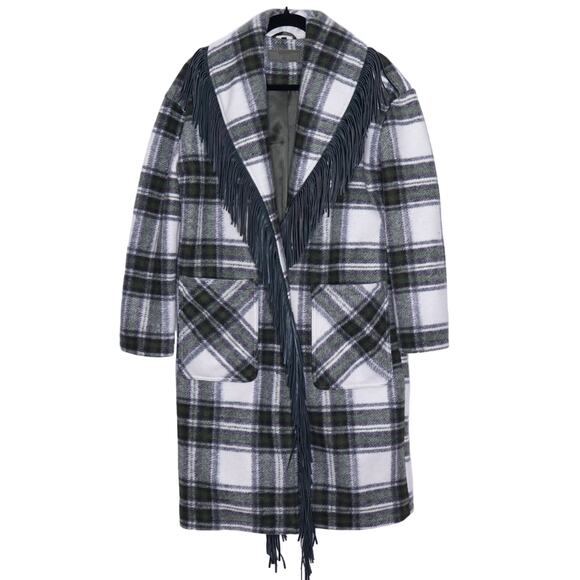 BLANK NYC Fleece Mid Length Coat Green Plaid Collared Fringe Hem Women's XS - Picture 1 of 14